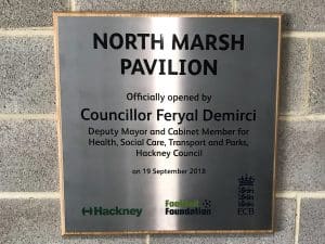 A stainless steel plaque for the North Marsh Pavilion.