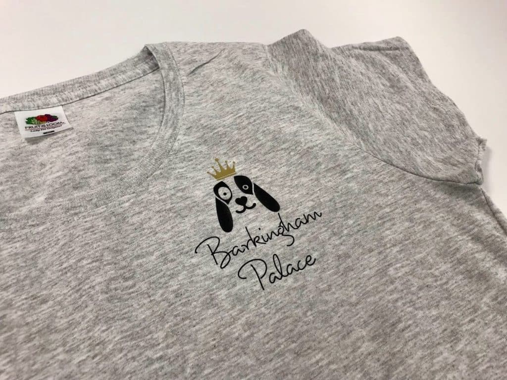 A gray T-shirt with the Barkingham Palace logo.