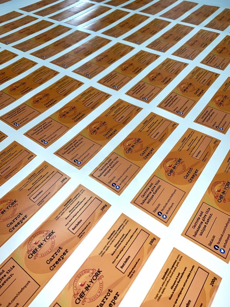 Sheet of printed Carrot Creeper jam labels.